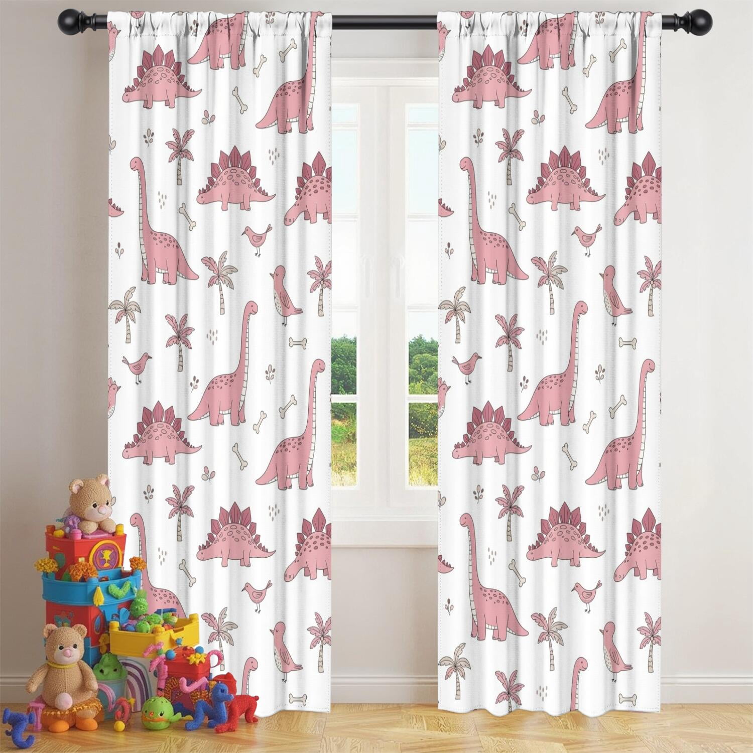 Blackout Kids Curtains,Pink Dinosaur and Bird Pattern Childrens Insulated Curtains Set Of 2,Bedroom Essentials,Toddler Room Decor 42"x84"