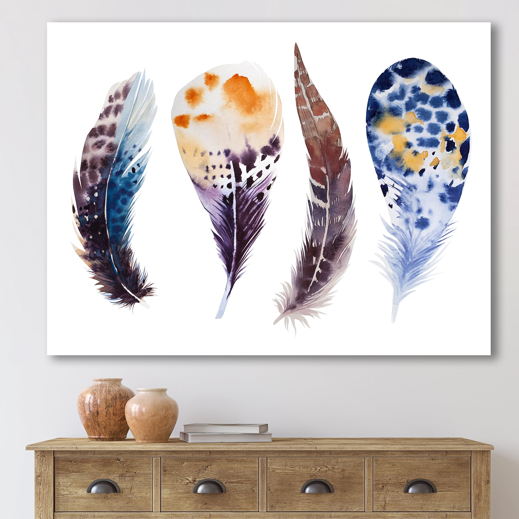 Designart ' Colourful Boho Feather Set On White VIII ' Bohemian & Eclectic Canvas Wall Art Print