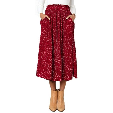 Womens High Waist Polka Dot Pleated Skirt Midi Maxi Swing Skirt ...