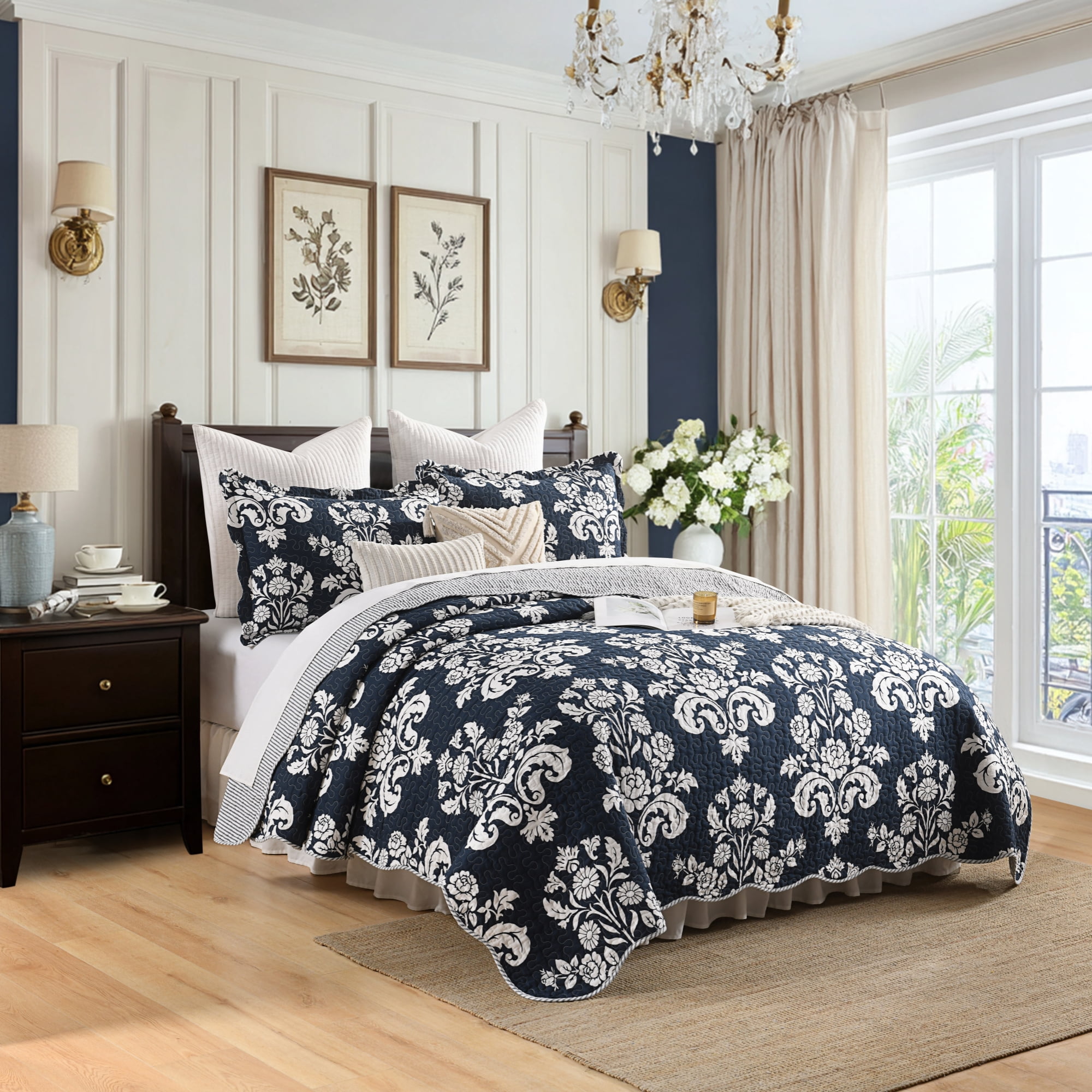 Quilt Set Queen Size 3 Pieces, 100% Cotton Navy Blue Lightweight Quilted Bedspread, Reversible Damask Floral Bedding Set for All Season