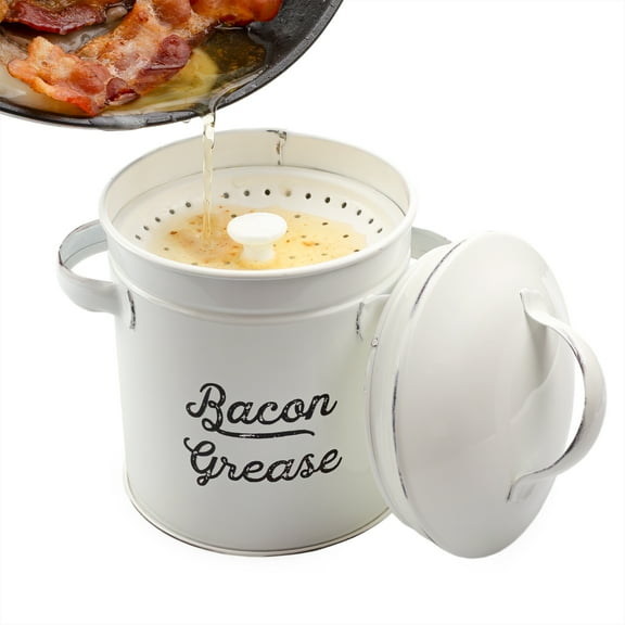 AuldHome Design Grease Container, White Enamelware Bacon Grease Can w/ Strainer, Farmhouse Style, Keto-Friendly