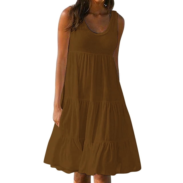 RXMEKW Robe Sans Manches pour Femmes, Robe de Plage Unie à Col Rond avec Jupe Fluide pour Vacances d'Été et Tenue Décontractée