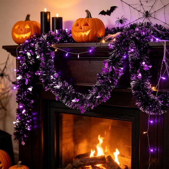 Halloween Tinsels Garland, Halloween Decorations Indoor Outdoor Fall Home Decor Accents, Black Purple Silvery Foil with Bats for Mantel, Staircase, Door