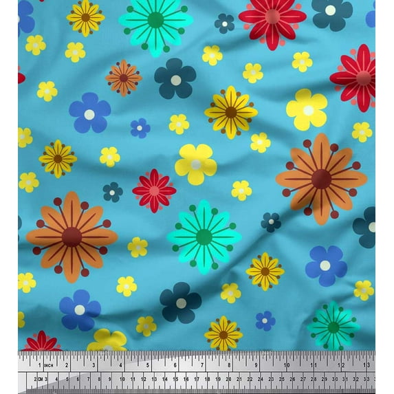 Soimoi Crepe Silk Fabric Colorful Flowers Clip Art Print Fabric by the Yard 42 Inch Wide