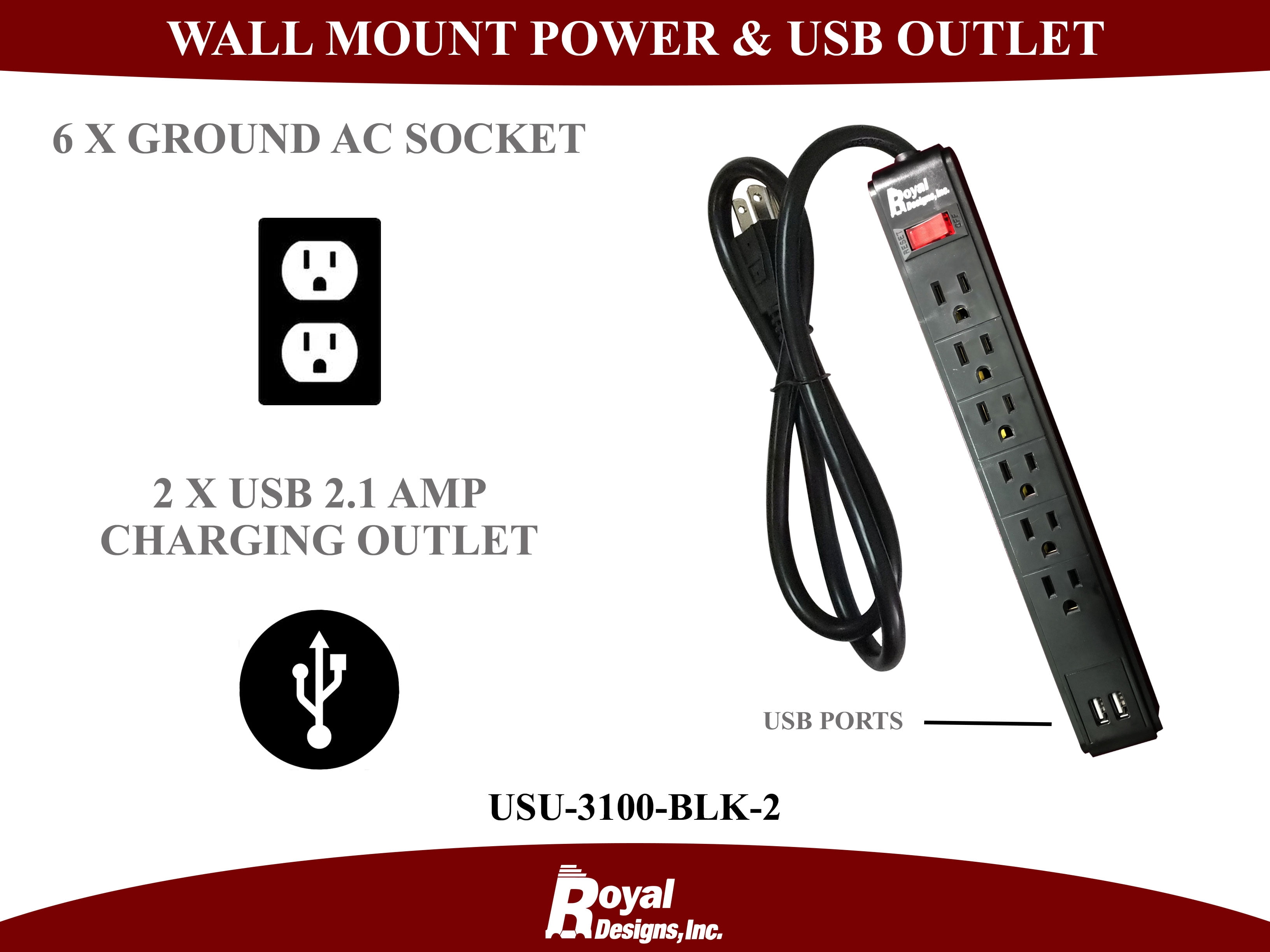 Royal Designs Black USB Power Strip and Surge Protector with 6 Outlets and Two USB Ports, Set of 2