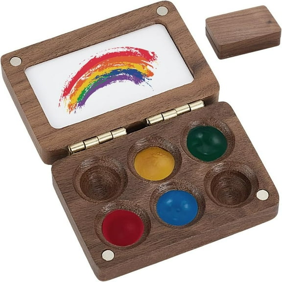 Portable Watercolor Palette with 6 Compartments Wooden Grid Paint Box Travel Water Color Box Paint Saver with Lid and Mixing Tray for Watercolor Painting