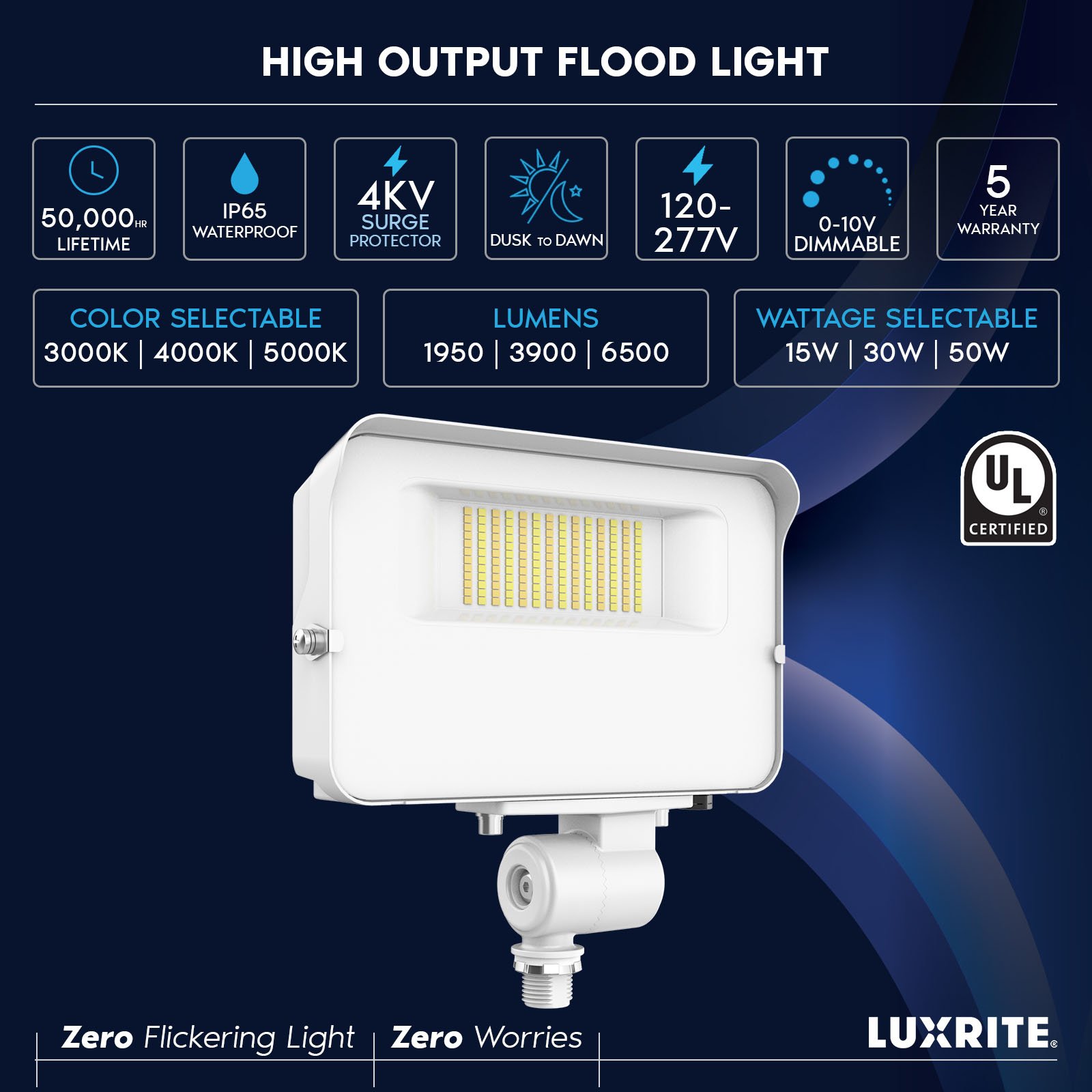 Luxrite 15/30/50W LED Flood Lights Outdoor Dusk to Dawn Sensor, 6500LM Security Light, 3CCT, Knuckle Mount White