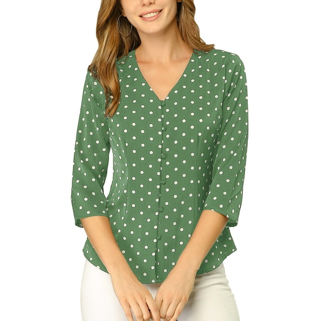 INSPIRE CHIC Blouse pour Femme Col en V Manches 3/4 Pois Imprimé Cœur Haut à Boutons devant Vert Olive TG