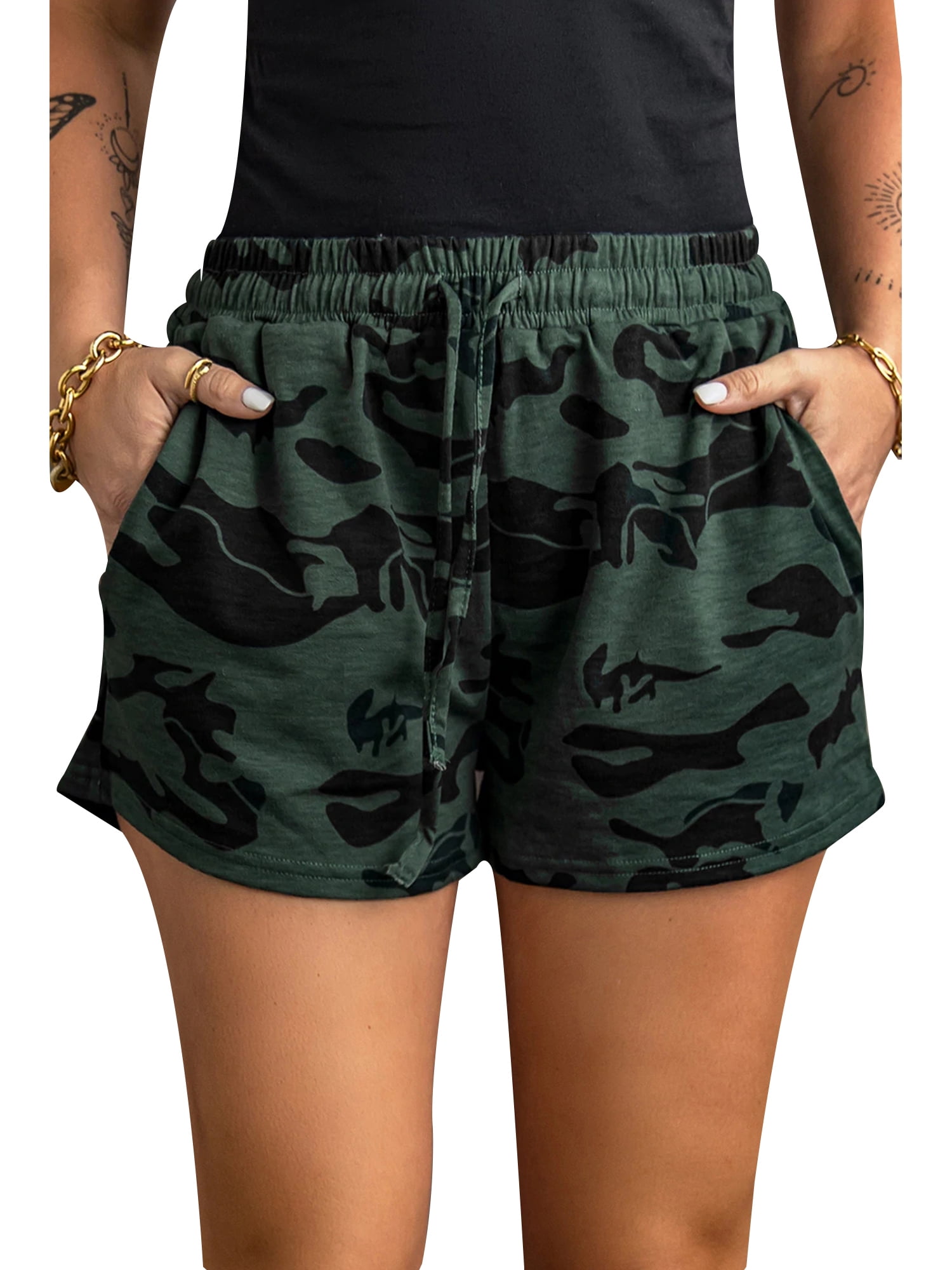 VSNOW Women Casual Camo Print Loose Fit Shorts Pockets Workout Sports