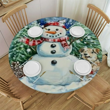 

New Year Merry Christmas Christmas Tablecloth with Elastic Fitted Round Table Cover
