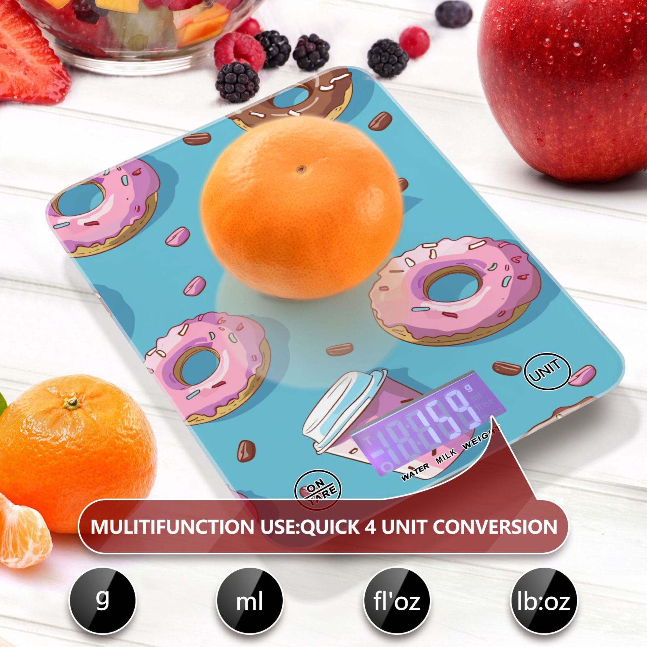Coffee Cups Donuts Food Scale Digital Kitchen Scale Waterproof Tempered Glass Tare Function 11 lb for Baking Cooking Meal Prep