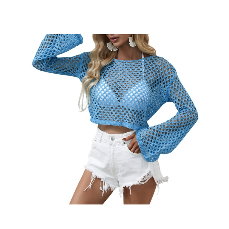 YiLvUst Women s Bathing Suit Cover Ups Mesh Long Sleeve Crochet Swim Beach Cover Up Top Walmart