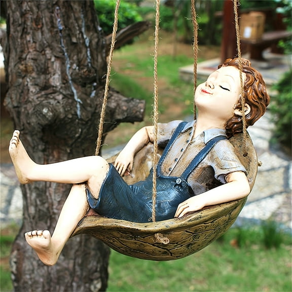 Handcrafted Walnut Boy Swing Resin Sculpture - Charming Garden & Home Decor, Wall-Mounted Outdoor Ornament by WEBTTER