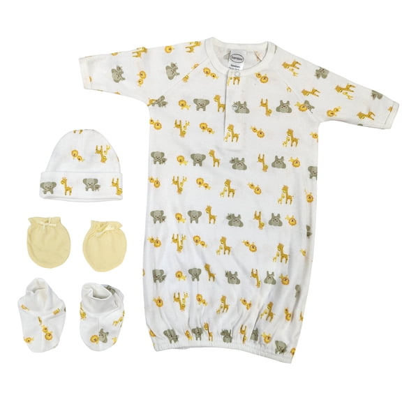 Bambini Layette Newborn Baby Boy, Girl, Unisex Infant Gown, Caps, Booties, Mittens - 4 pc