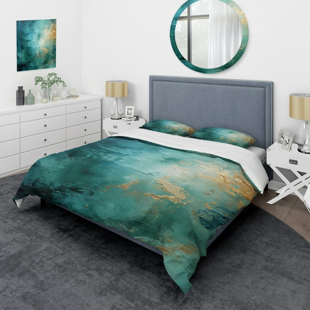 Designart "Blue Oasis III" Abstract Landscape Bedding Covert Set - Abstract Landscapes Teal Landscapes Bed Set With 2 Shams