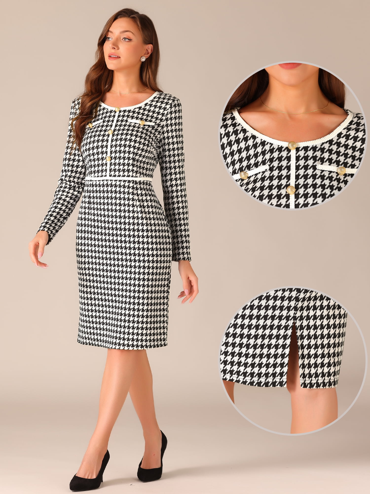DARING DIVA Houndstooth Round Neck Plaid Sheath Dress M Black