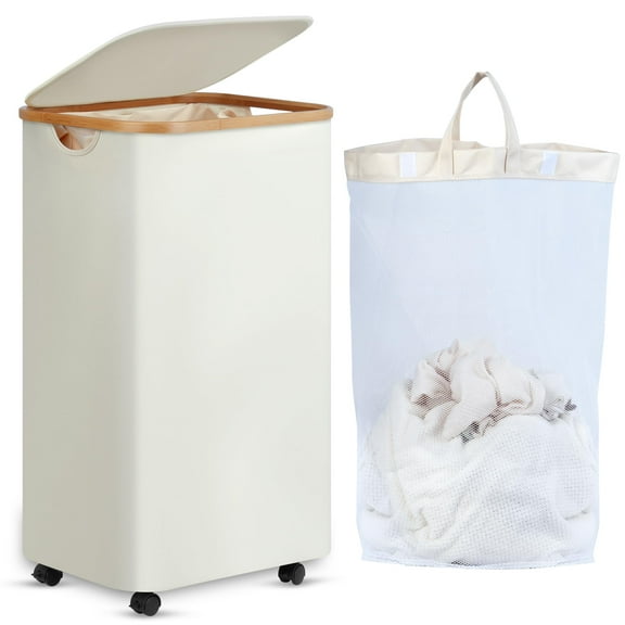 Efluky Laundry Basket with Wheels,100L Rolling Laundry Hamper with Lid and Removable Bag, Dirty Clothes Basket with Wheels for Laundry Room, Bedroom & Bathroom, Beige