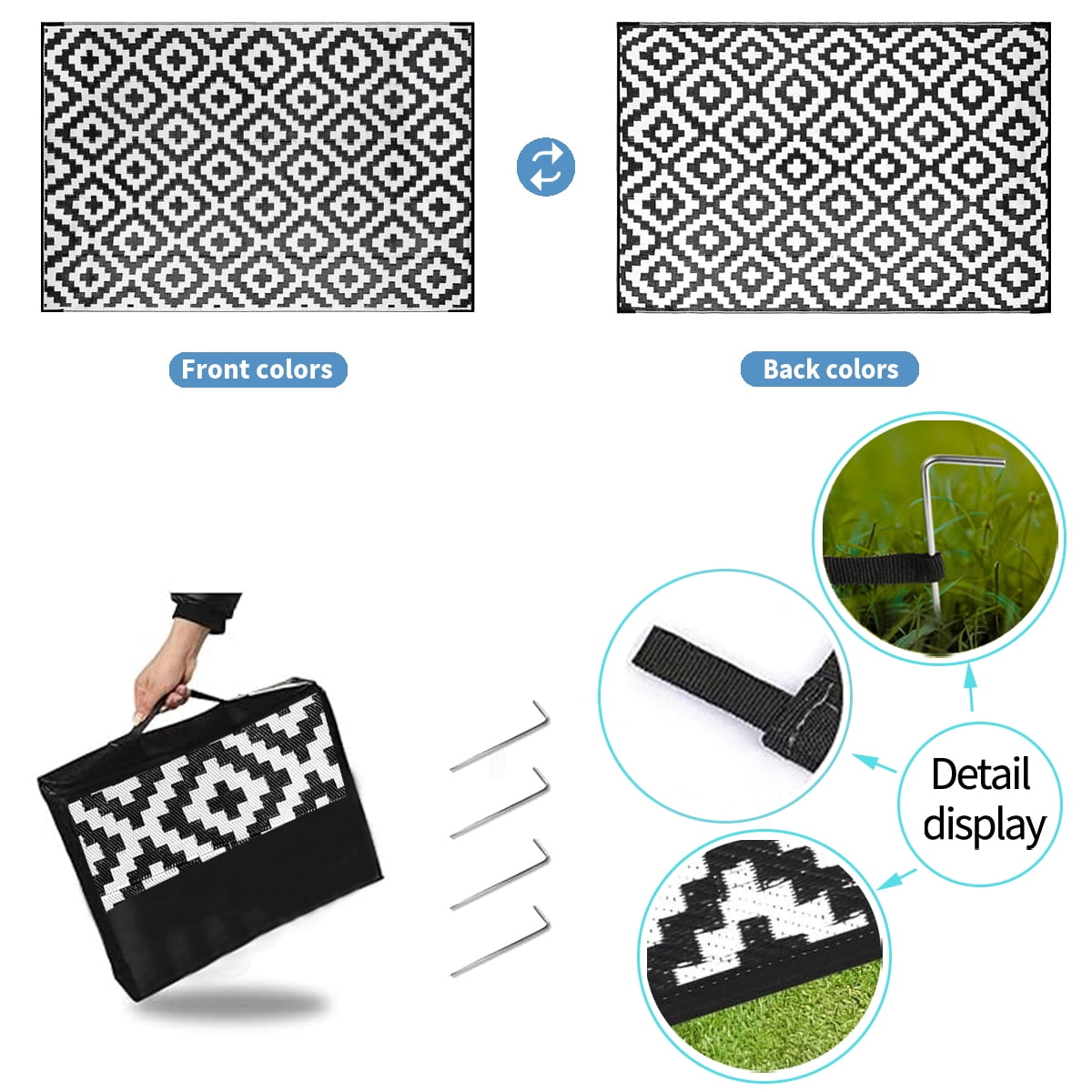 Kzaei Waterproof Outdoor Rug, 8'x10' Reversible Plastic Camping Area Rugs, Black & White