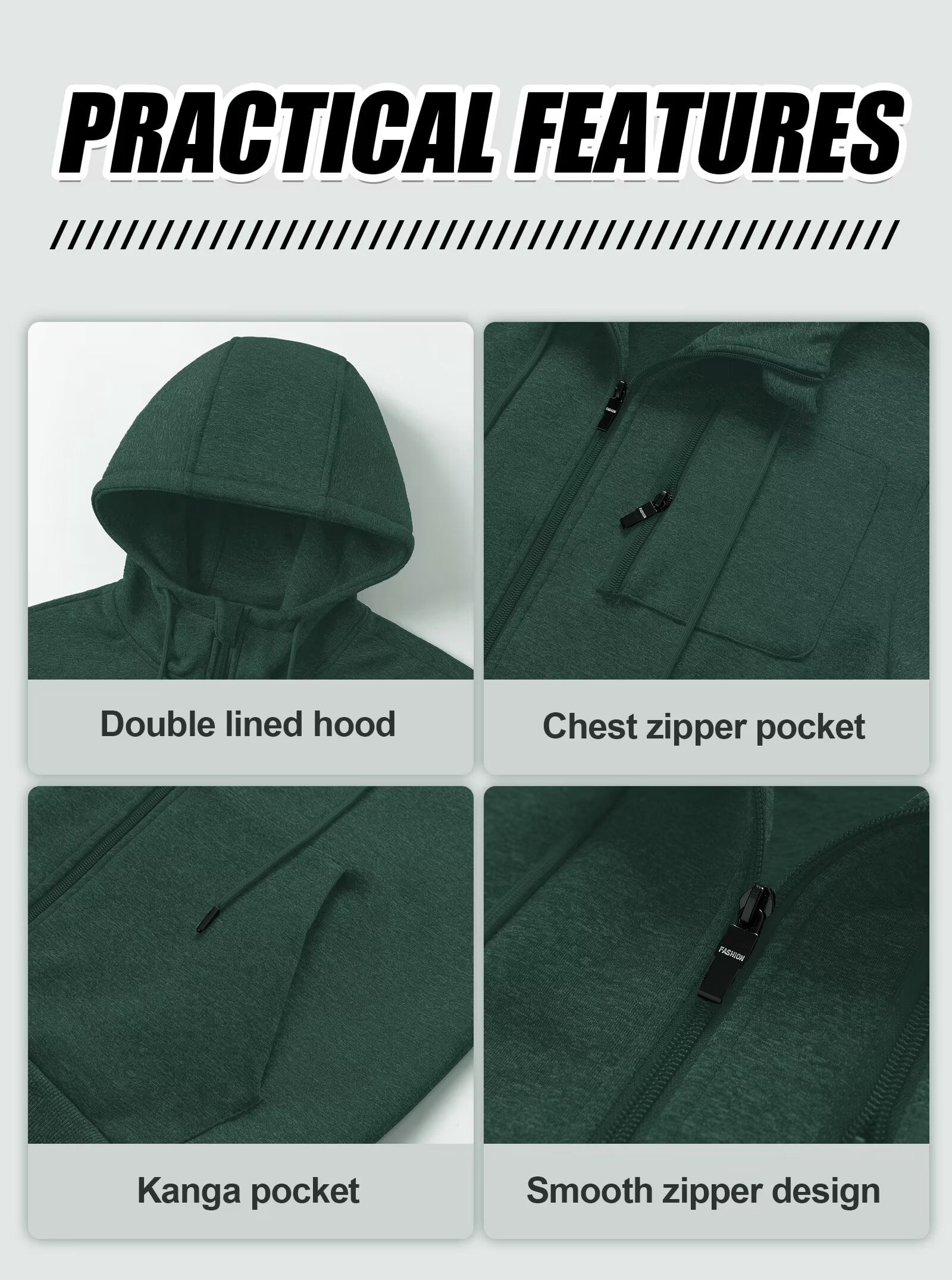Chrisuno Men Hoodies Casual Hoodies For Men With Zip Pockets Full Zip Long Sleeve Sweatshirt Sports Hooded Jacket Army Green M