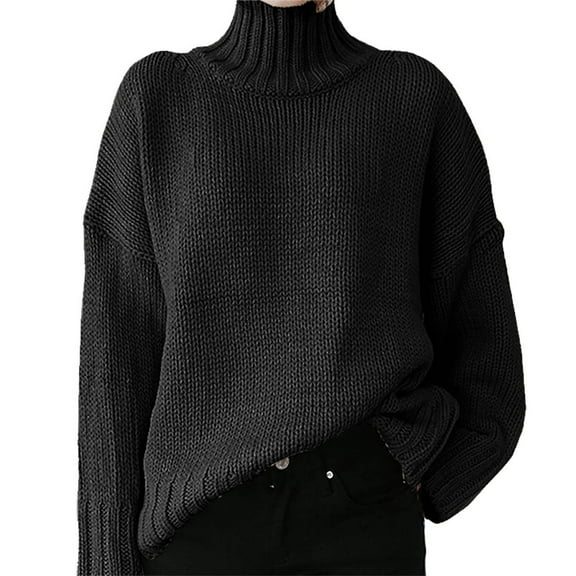 RYDCOT Womens Casual Turtleneck Sweaters Ribbed Knit Long Sleeve Solid Color Pullover Chunky Tunic Tops Fall Winter Sweaters Fashion Black