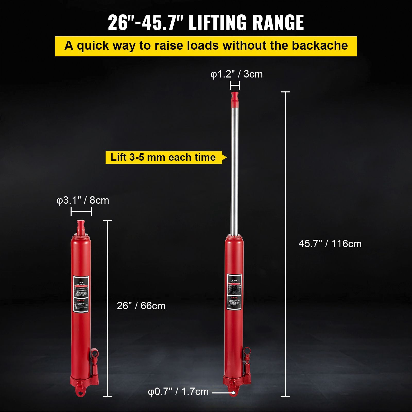 Hydraulic Long Ram Jack, 3 Tons/6600 lbs Capacity, with Single Piston Pump and Clevis Base, Manual Cherry Picker with Handle, for Garage/Shop Cranes, Engine Lift Hoist, Red (Only Jack)