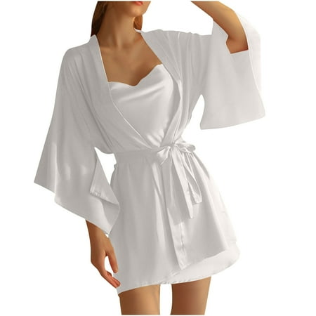 POIUYTR Satin Babydoll Nightdress for Women - Spaghetti Strap Backless Short Dress with Bathrobe Set Valentines Gift for Her  Bridal Set Accessories