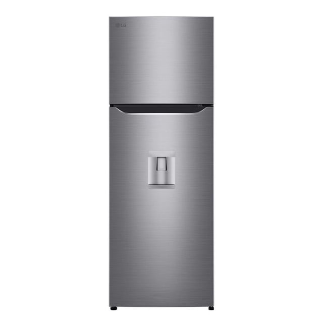 refrigerador top mount lg 11 pies, compresor smart inverter, multi air flow, moist balance crisper color gris — Vista frontal centrada de refrigerador top mount en acabado acero inoxidable gris con congelador superior; puerta inferior con dispensador de agua empotrado, manijas integradas y logo LG. Silueta alta y delgada, panel LED interior y estantes de vidrio templado según especificaciones; cajón Moist Balance Crisper para frutas y verduras, ideal para optimizar espacio en cocinas pequeñas.