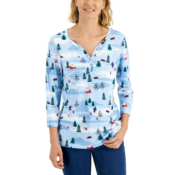 Karen Scott Womens 3/4 Sleeve Holiday Henley Top Crescendo Blue XL