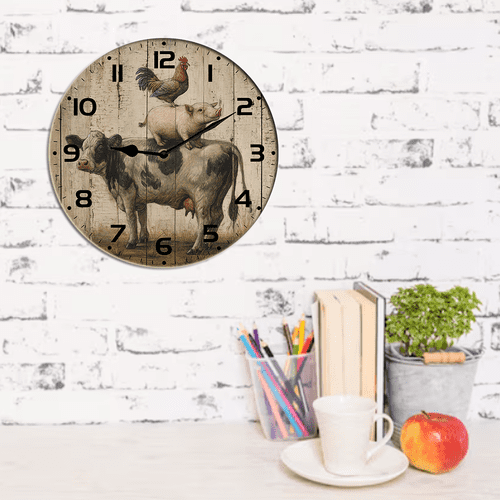 Kurmntregon Farm Animal Cow Pig And Chicken Wall Clock Wooden Silent Non Ticking Decorative Clock For Living Room, Kitchen, Home,Bathroom, Bedroom, Office Or School Round 10"