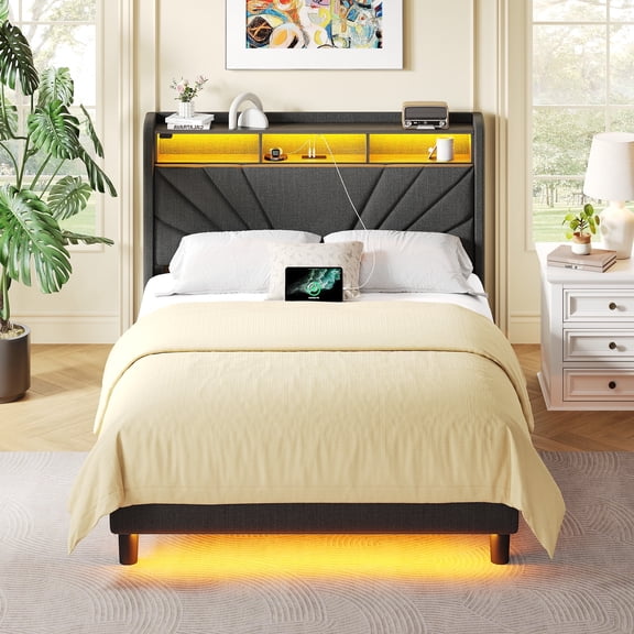 Greenstell Upholstered Twin Bed Frame with Storage Headboard, Charging station, LED, Easy Assembly, Dark Gray