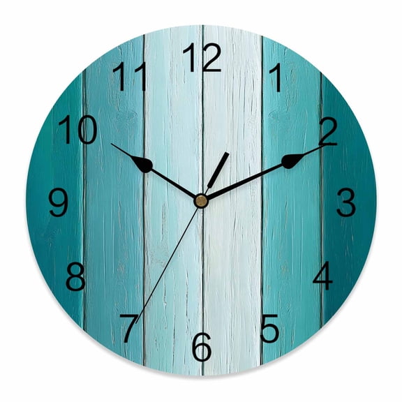 Wall Clock Turquoise Wood Grain Clocks PVC Silent Non-Ticking Battery Operated Decorative Farm Wooden Round Clock for Home Living Room Kitchen Bedroom Office School Wall Decor 10 Inch