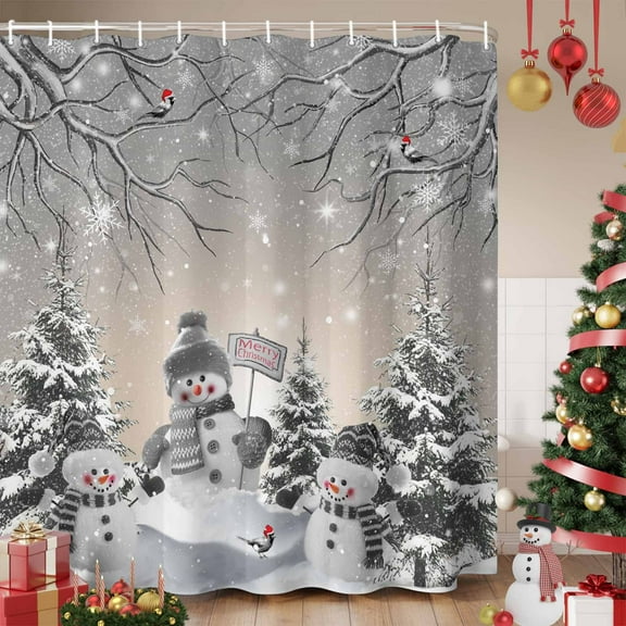 Grey Christmas Shower Curtain, Snowman Winter Snowflake Xmas Tree Waterproof Fabric Shower Curtains with 12 Hooks, Bathroom Curtain Set for Bathroom Accessories Decor, 72 x 72 Inches