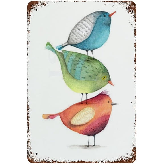 Vintage Watercolor Birds Metal Tin Wall Sign, 12 x 8 Inch Rustic Decor for Nursery or Home Bar