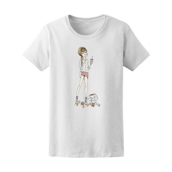 Fashion Girl Coffee & Cute Cat T-Shirt Women -Image by Shutterstock, Female XX-Large
