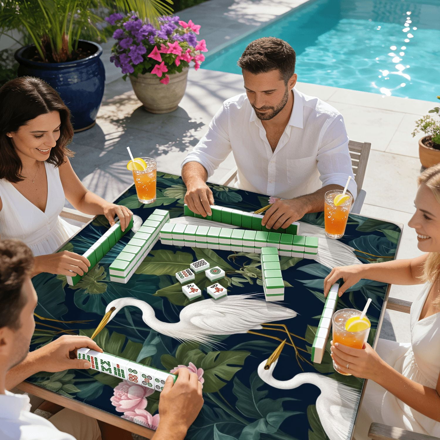 Mahjong Mat 31.5" x 31.5" Seamless chinoiserie style herons birds peonies Non-Slip Noise Reduction American Mahjong Tiles Table Cover for Dominoes Poker Card Board Games Gift