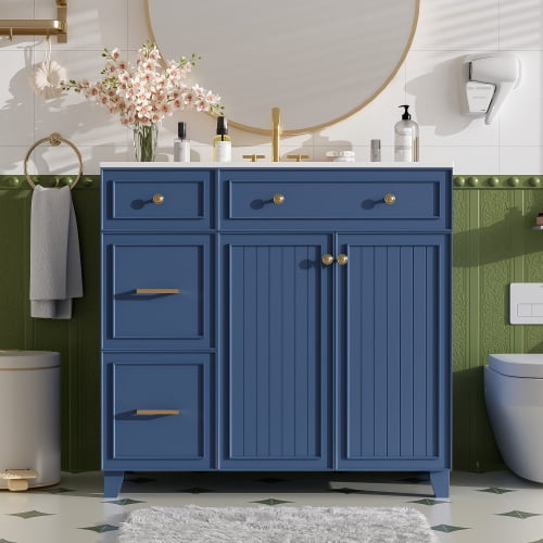 36" Modern Small Bathroom Storage Cabinet, Bathroom Organizer Cabinet with Soft Close, Compact Vanity Unit for Small Spaces with Ceramic Sink for Bathroom, Blue