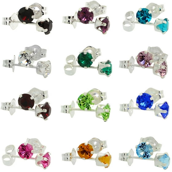 Worldjewels 12 Pair Set Sterling Silver Swarovski Crystal Worldjewels 12 Pair Set Sterling Silver Swarovski Crystal Birthstone Stud Earrings Colors 4 Mm