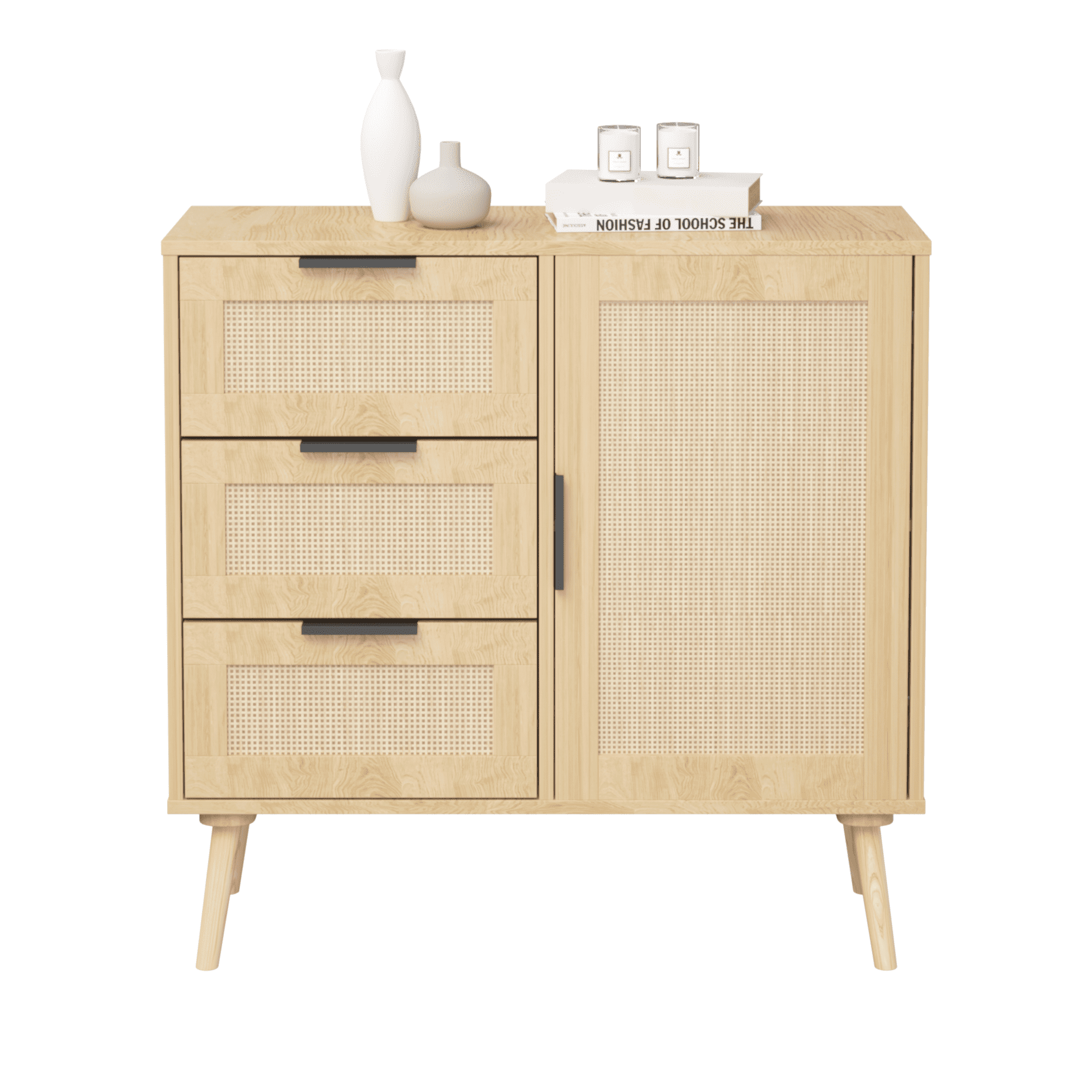 Modern Rattan Wood Dresser Wood Storage Cabinet Sideboard for Bedroom, Living Room, Entryway, Hallway