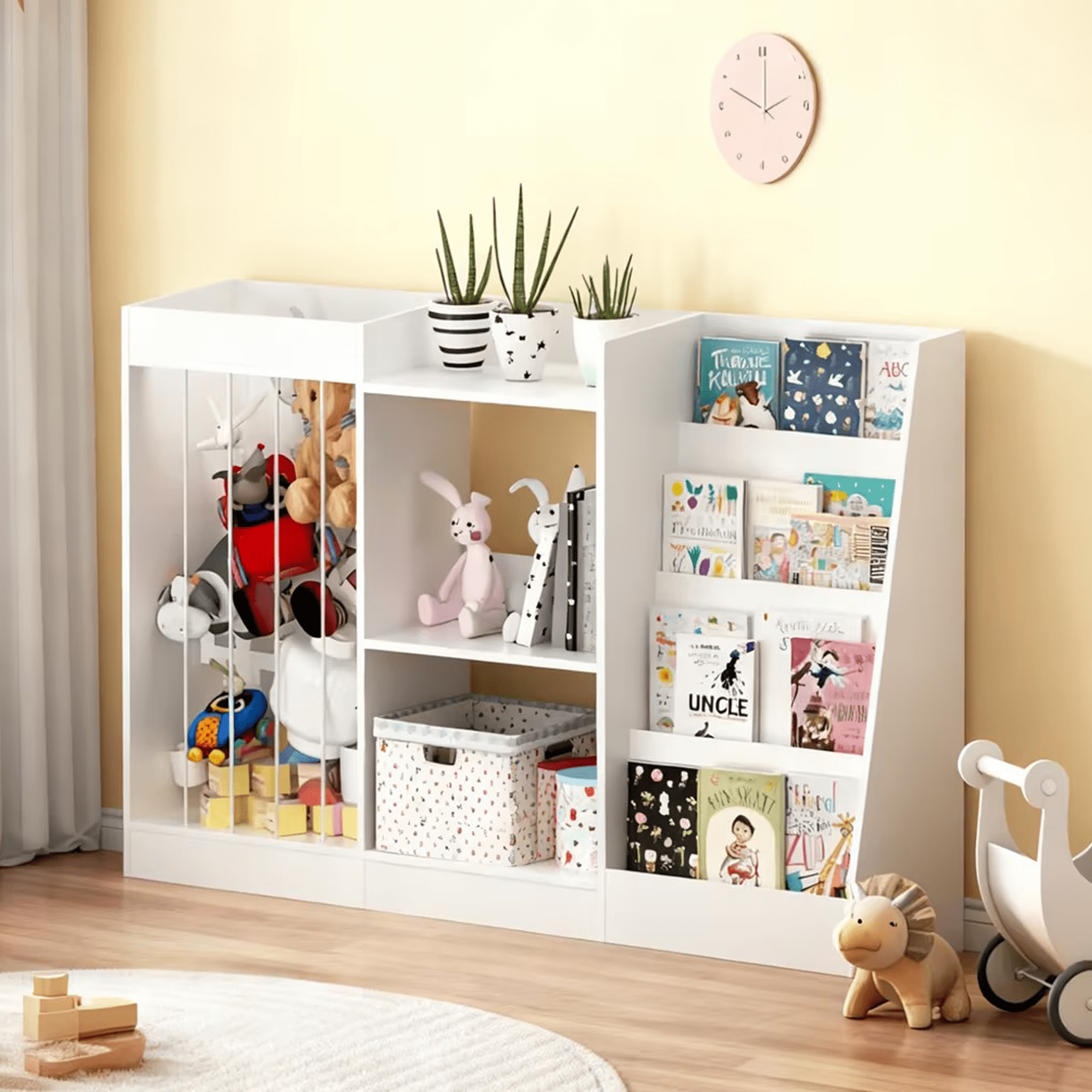 3-Tier Kids Bookshelf, Sling Montessori Bookcase with Stuffed Animal Storage, Particleboard & MDF Toddler Organizer with Anti-Tip Strap for Nursery Playroom Kindergarten
