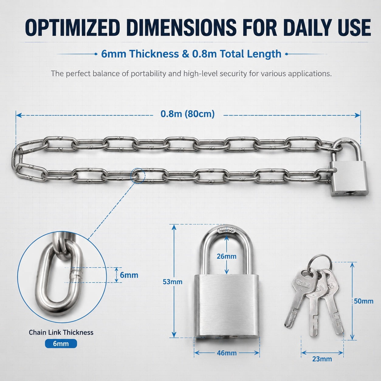Security Chain Lock, 31 inch Heavy Duty 8mm Thick Chain and Lock, Galvanized Anti-Rust and Anti-Theft Chain and Padlock - Chain Lock for Bike, Bicycle, Scooter, Motorcycle, Door, Gate, Fence