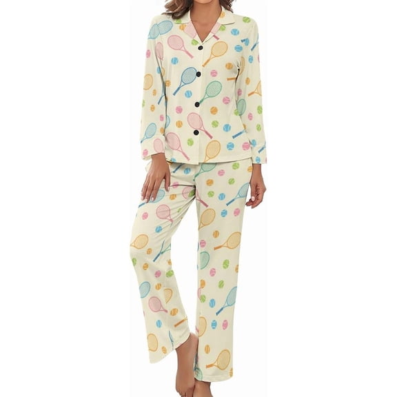Top-kevin Women's Pajama Sets Colorful Tennis Rackets Balls Long Sleeve Lounge Sets Pjs Sleepwear with Pockets