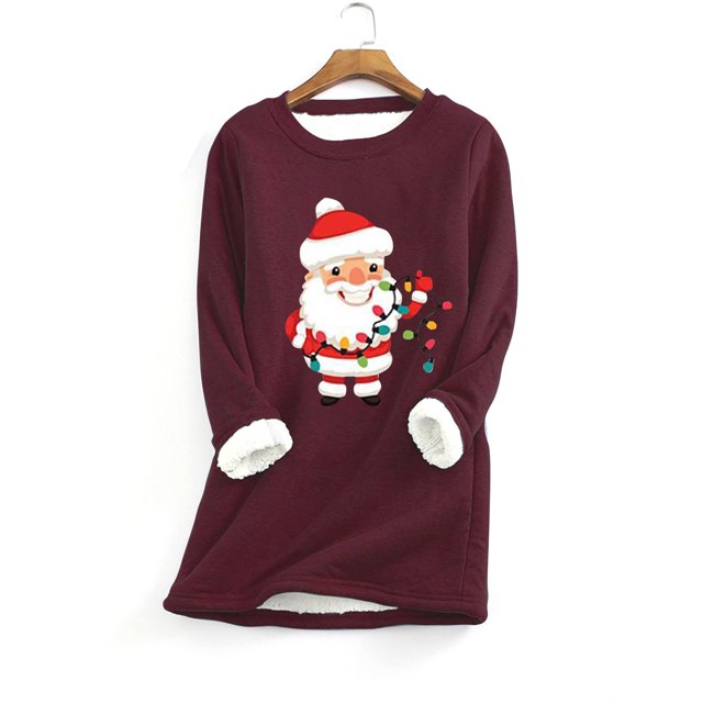 Meichang Chandails en Molleton pour Femmes Grande Taille Noël Père Noël Graphique Col Rond Chandail Hiver Chaud Doublé Sherpa Hauts