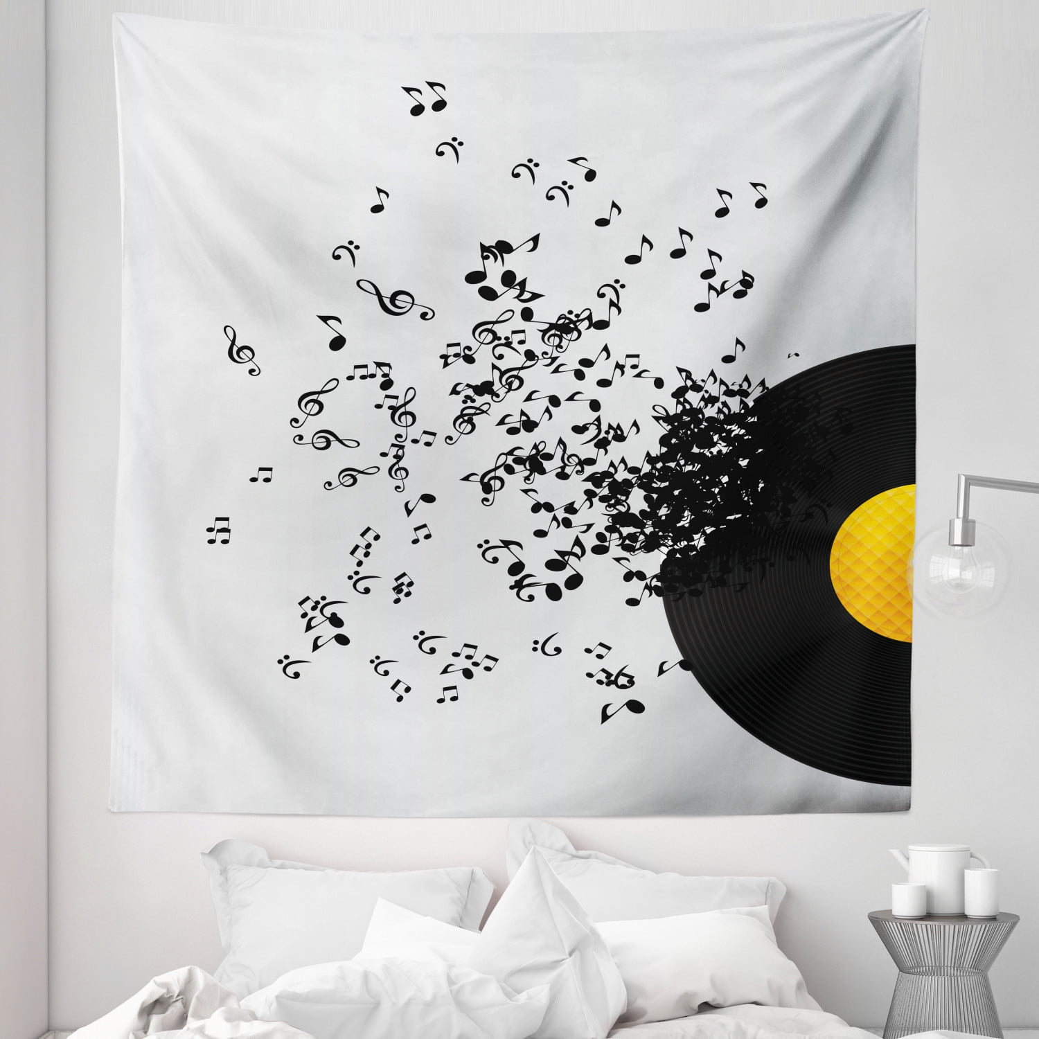Music Tapestry, Flying Music Notes Abstract Design Disc Album Dancing Nightclub Print, Fabric Wall Hanging Decor for Bedroom Living Room Dorm, 5 Sizes, Yellow Black Ivory, by Ambesonne Music Tapestry, Flying Music Notes Abstract Design Disc Album Dancing Nightclub Print, Fabric Wall Hanging Decor for Bedroom Living Room Dorm, 5 Sizes, Yellow Black Ivory, by Ambesonne
