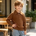 thumbnail image 2 of Boys Collared Half‑Zip Knit Pullover Sweater, Long Sleeve Textured Knitted Tops, Warm Kids Outfit for Fall Winter School and Daily Casual Occasions Brown 2-3T, 2 of 8