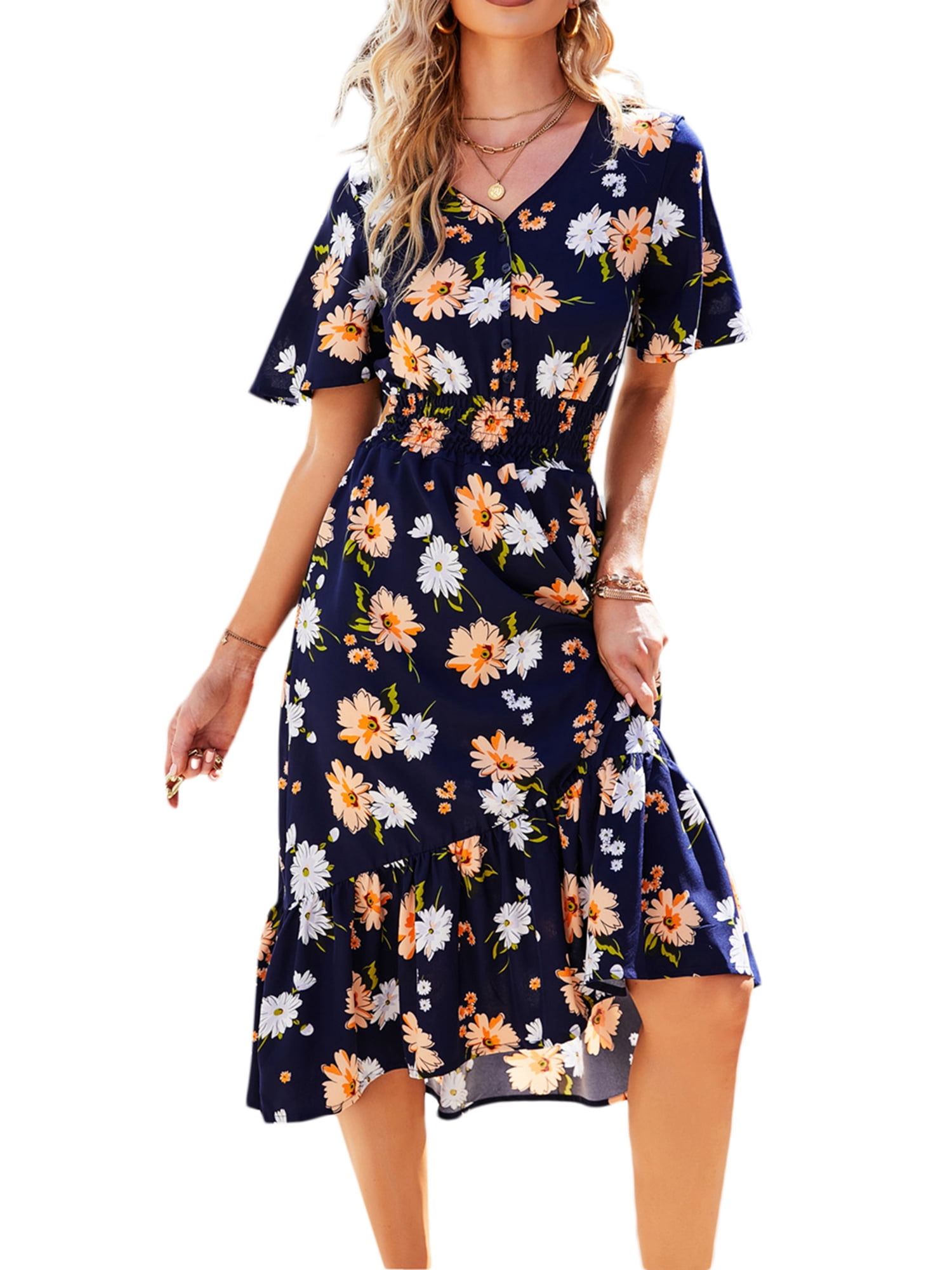 Pudcoco Women's Summer Dresses Short Sleeve Floral Maxi Long Dresses