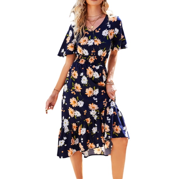 SAYOO Mujer Verano Cuello en V Manga Corta Cintura Alta Ruffle Hem Midi Vestidos SAYOO Sexy