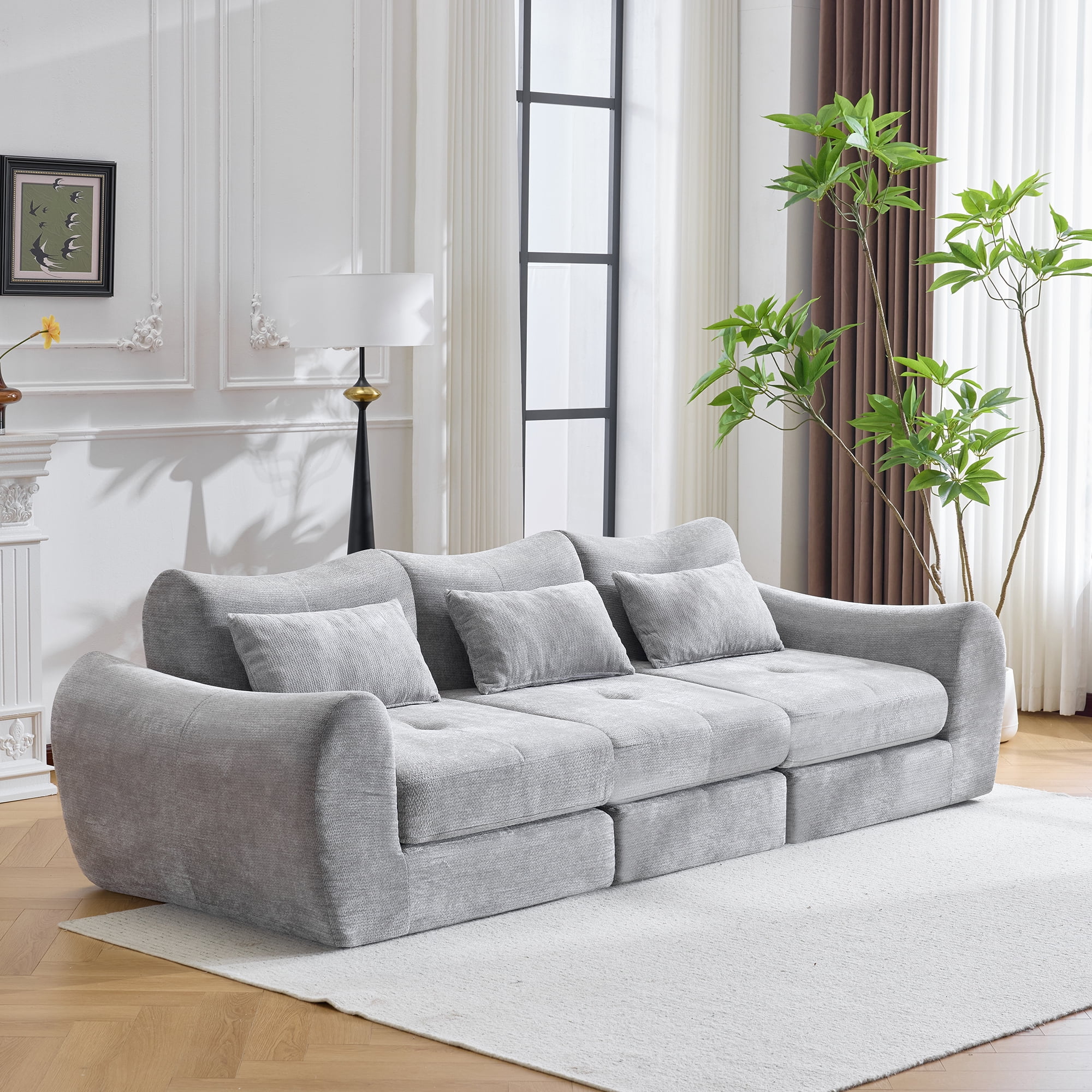 MAYEERTY 3-Seat Modular Cloud Sectional Sofa, Flannelette Upholstered Convertible Couch with Throw Pillows, No Assembly for Living Room Bedroom Entertainment Space