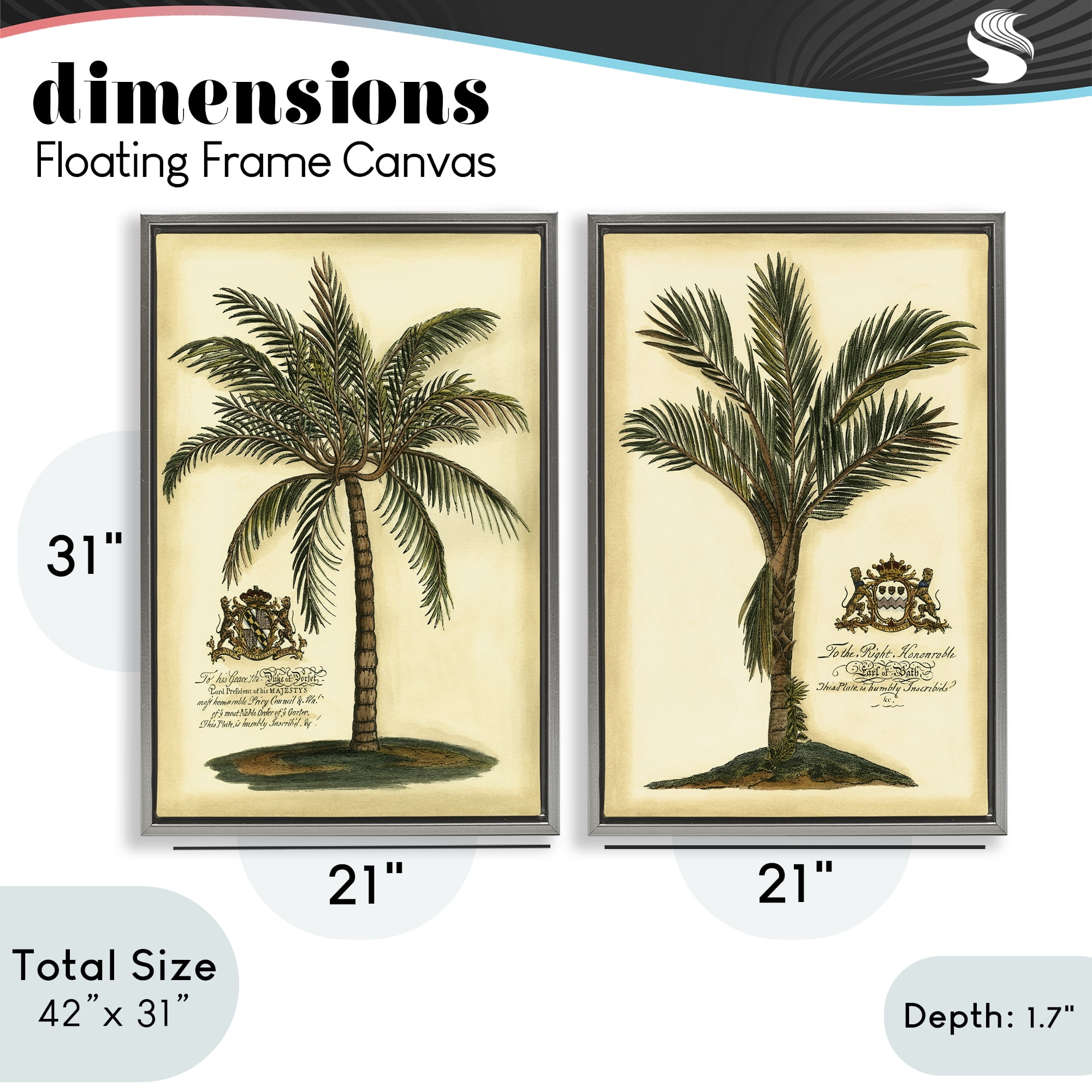 Stupell Industries Vintage Historical Palms 2 Piece Gray Framed Floater Canvas Set, design by Vision Studio
