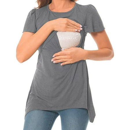 

Giligiliso Clearance Maternity Tops Pregnant Womens Nursing Solid Color Round Neck Short Sleeve Round Neck Breastfeeding Blouse