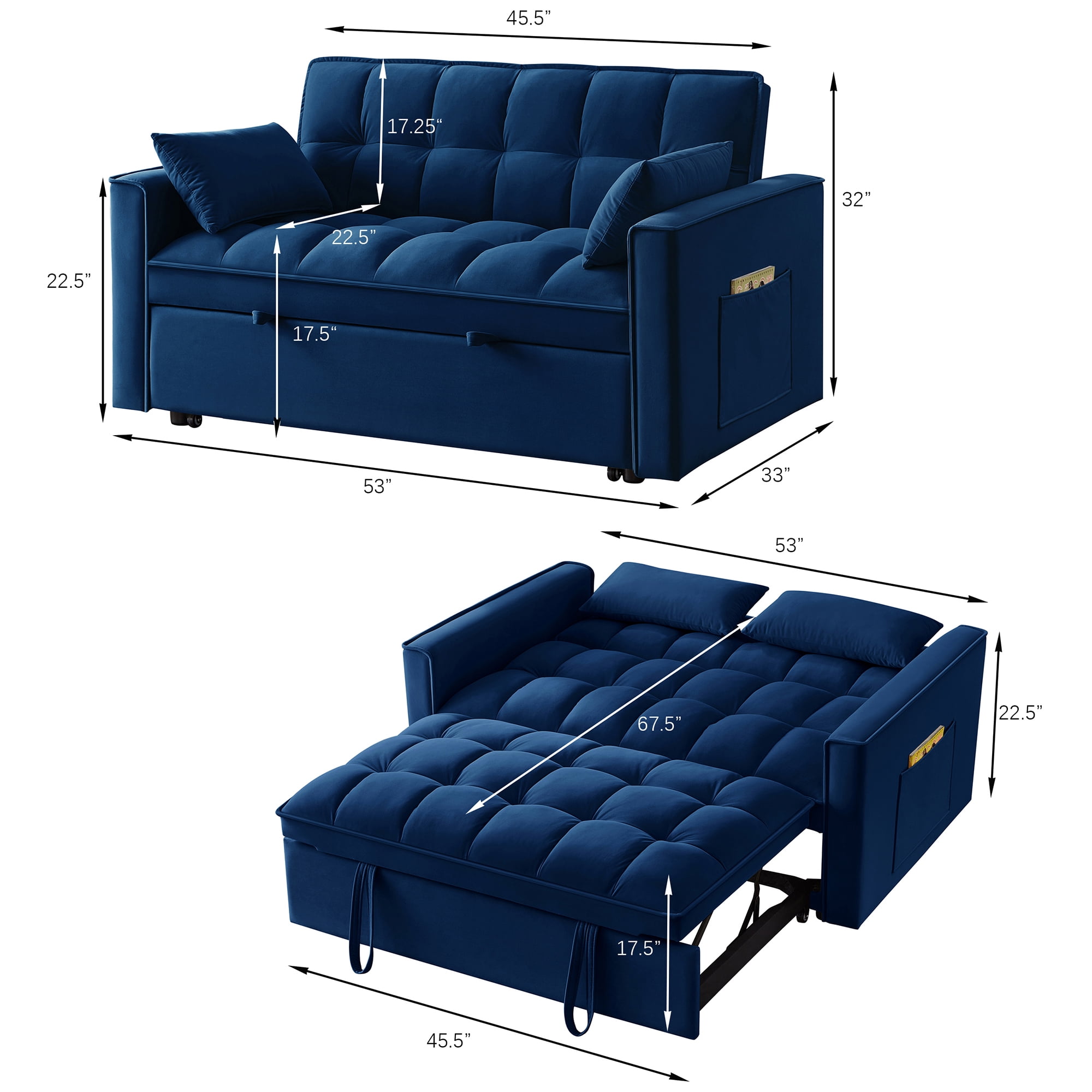 3 in 1 Convertible Sleeper Sofa Bed, 53" Modern Convertible Sofa Bed with 2 Detachable Arm Pockets,Velvet Pull Out Couch with Pull Out Bed for Living Room Furniture,Navy